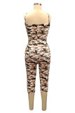 Brown Sexy Print Camouflage Print Spaghetti Strap Regular Rompers