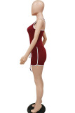Wine Red Fashion street Solid Sleeveless Slip Rompers