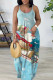 Light Blue Sexy Casual Print Backless Spaghetti Strap Long Dress Dresses