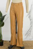 Yellow Casual Solid Basic Regular Mid Waist Conventional Solid Color Trousers