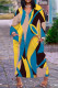 Yellow Blue Casual Print Basic V Neck Long Sleeve Dresses