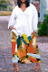 White Orange Casual Print Basic V Neck Long Sleeve Dresses