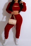 Burgundy Casual Solid Hollowed Out O Neck Long Sleeve Three Piece Set