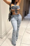 The cowboy blue Sexy Patchwork Bandage Backless Halter Tops