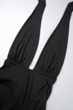 Black Sexy Solid Hollowed Out Backless Slit Halter Skinny Jumpsuits