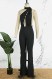 Black Sexy Solid Hollowed Out Backless Slit Halter Skinny Jumpsuits