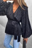 Black Casual Patchwork Hollowed Out V Neck Tops