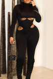 Black Street Solid Hollowed Out Patchwork Zipper Turtleneck Skinny Jumpsuits