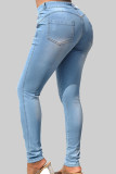 Light Blue Casual Solid Ripped Patchwork Pocket Buttons Zipper Mid Waist Skinny Denim Jeans