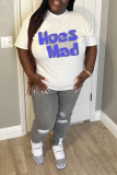 White Casual Daily Print Letter O Neck T-Shirts