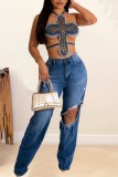 The cowboy blue Sexy Patchwork Bandage Backless Halter Tops