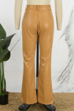 Yellow Casual Solid Basic Regular Mid Waist Conventional Solid Color Trousers