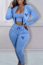 Light Blue Casual Print Letter Hooded Collar Long Sleeve Three Pieces