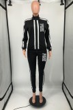 Black Casual Letter Print Patchwork Zipper Collar Long Sleeve Two Pieces