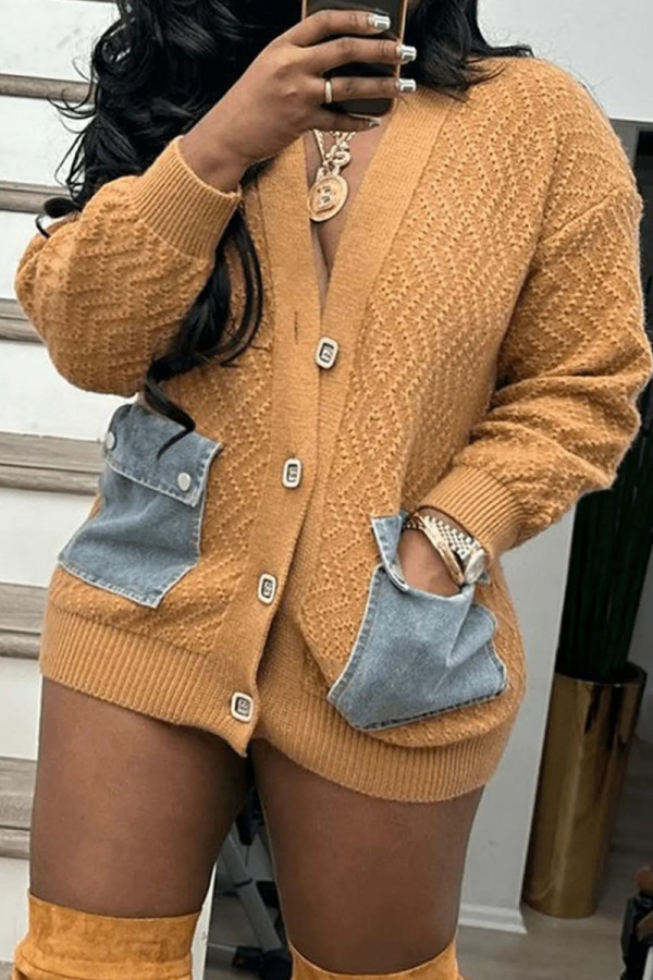 Khaki Casual Solid Patchwork Buttons V Neck Outerwear