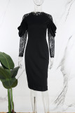 Black Elegant Solid Lace Patchwork O Neck Wrapped Skirt Dresses