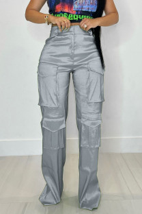 Grey Casual Street Solid Patchwork Pocket Straight High Waist Straight Solid Color Bottoms