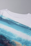 Blue White Street Print Patchwork O Neck Long Sleeve Two Pieces