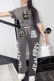 Grey Casual Street Print Letter O Neck Short Sleeve Two Pieces
