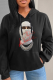 Black Casual Street Print Draw String Hooded Collar Tops