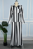 Black White Casual Striped Patchwork Buckle Shirt Collar Long Sleeve Two Pieces