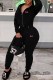 Black Casual Print Letter Hooded Collar Long Sleeve Two Pieces