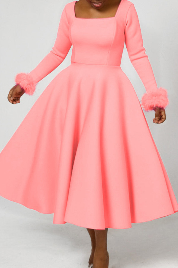 Pink Elegant Solid Patchwork Square Collar A Line Dresses