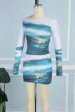 Blue White Street Print Patchwork O Neck Long Sleeve Two Pieces