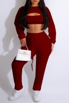Burgundy Casual Solid Hollowed Out O Neck Long Sleeve Three Piece Set