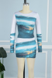 Blue White Street Print Patchwork O Neck Long Sleeve Two Pieces