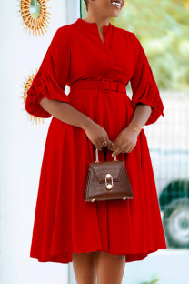 Red Elegant Solid Bandage Patchwork Fold With Belt Asymmetrical Collar A Line Dresses