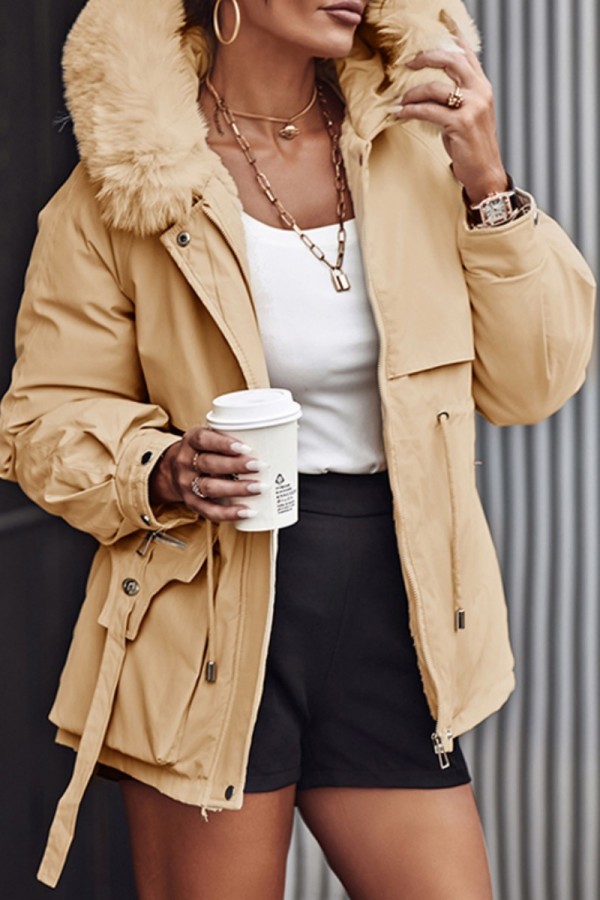 Khaki Casual Solid Patchwork Cardigan Hooded Collar Outerwear