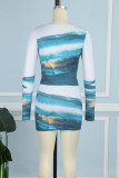 Blue White Street Print Patchwork O Neck Long Sleeve Two Pieces