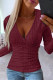 Burgundy Casual Solid Patchwork V Neck Tops