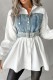 White Casual Patchwork Contrast Shirt Collar Tops
