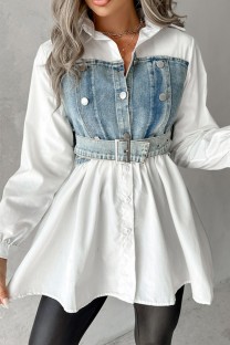 White Casual Patchwork Contrast Shirt Collar Tops