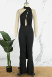 Black Sexy Solid Hollowed Out Backless Slit Halter Skinny Jumpsuits