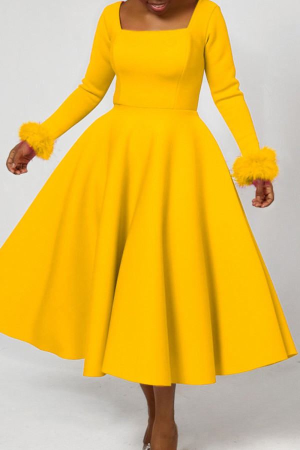 Yellow Elegant Solid Patchwork Square Collar A Line Dresses