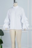 White Casual Solid Patchwork Buckle Mandarin Collar Tops