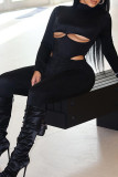 Black Street Solid Hollowed Out Patchwork Zipper Turtleneck Skinny Jumpsuits