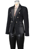 Black Casual Solid Patchwork Turndown Collar Long Sleeve Regular Denim Jacket