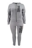 Grey Casual Letter Print Patchwork Hooded Collar Plus Size Two Pieces (Without Vest)