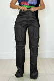 Black Casual Street Solid Patchwork Pocket Straight High Waist Straight Solid Color Bottoms