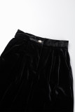 Black Casual Solid Buttons Basic Regular High Waist Conventional Solid Color Trousers