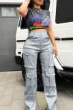 Grey Casual Street Solid Patchwork Pocket Straight High Waist Straight Solid Color Bottoms
