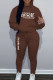 Brown Casual Print Patchwork Draw String Pocket Hooded Collar Long Sleeve Two Pieces