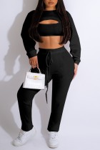 Black Casual Solid Hollowed Out O Neck Long Sleeve Three Piece Set