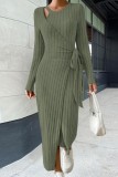 Apricot Casual Solid Frenulum O Neck Long Sleeve Dresses