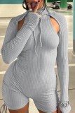 Grey Sexy Solid Backless Hooded Collar Skinny Rompers