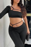Black Sexy Casual Solid Backless Oblique Collar Long Sleeve Two Pieces